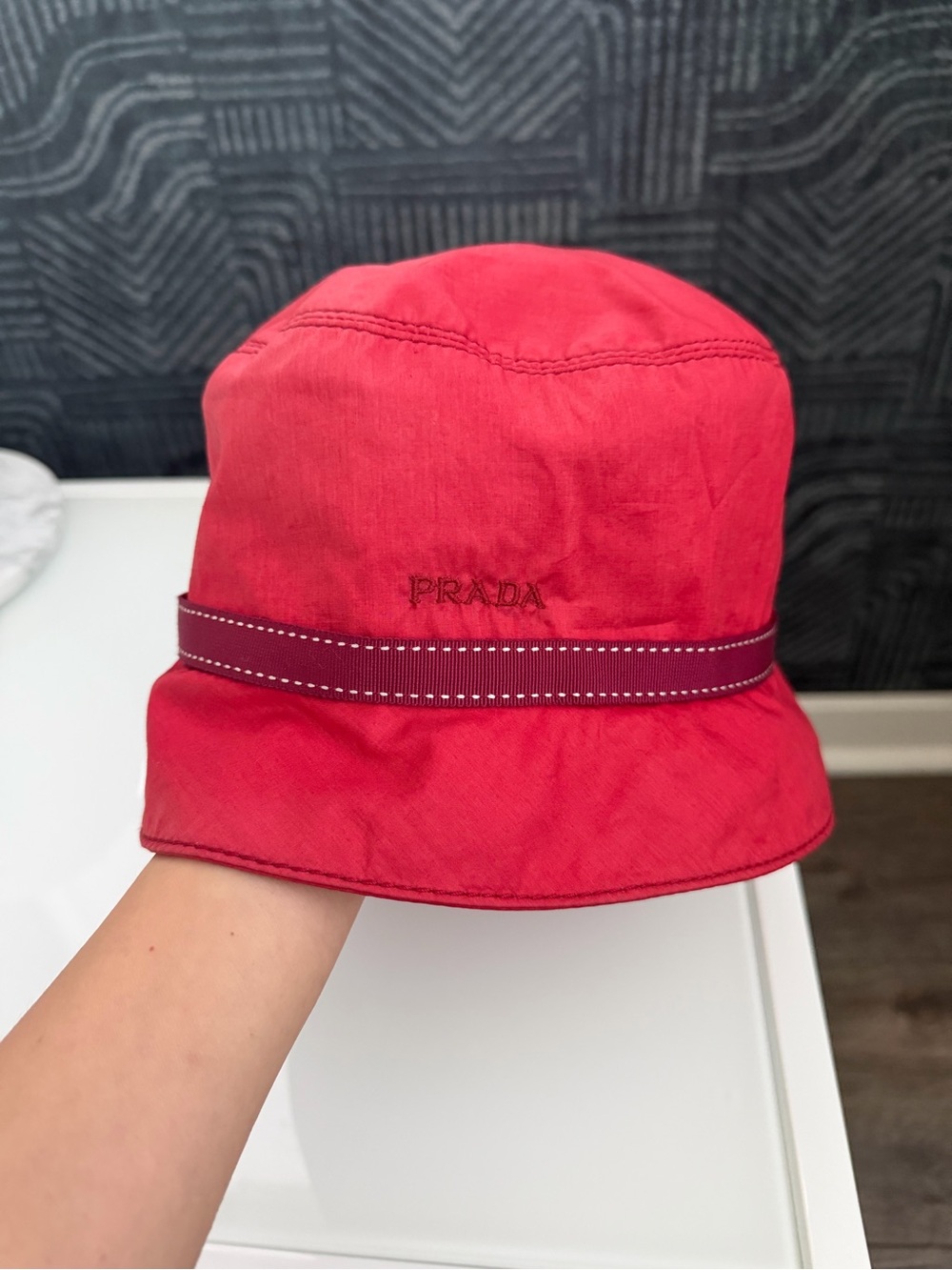 Prada Red Bucket Hat with Contrasting Ribbon - Picture 3 of 6